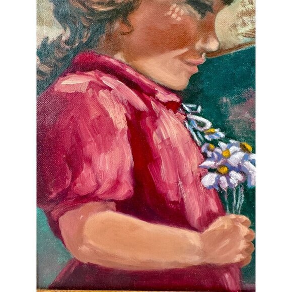 Oil Painting of Little Girl Holding Flower, Smiling Face, On Canvas13x17" - Picture 8 of 14